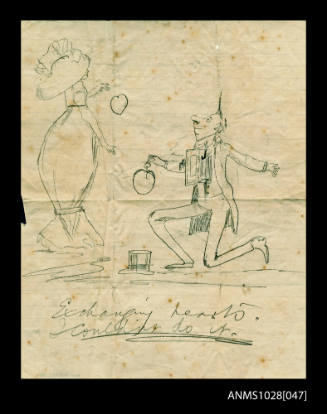 Pencil illustration of a man and woman exchanging hearts