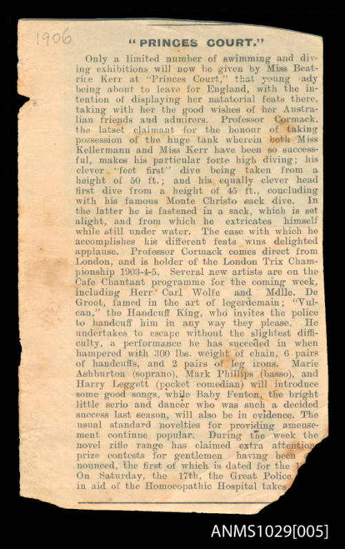 Newspaper clipping discussing Beatrice Kerr's appearances at Princes Court