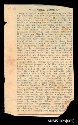 Newspaper clipping discussing Beatrice Kerr's appearances at Princes Court