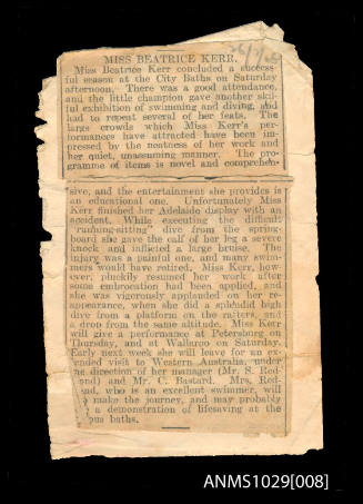 Newspaper clipping discussing the conclusion of Beatrice Kerr's season at the City Baths