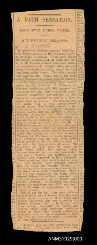 Newspaper clipping titled 'A Bath Sensation' featuring Beatrice Kerr