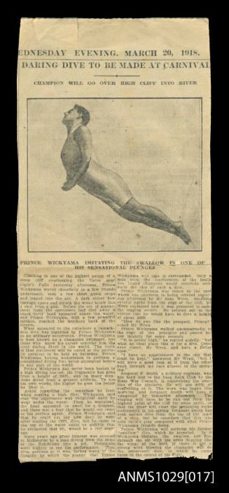 Newspaper clipping titled Daring dive to be made at carnival, Prince Wickyama imitating the swallow in one of his sensational plunges