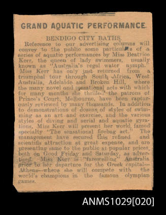 Newspaper clipping discussing Beatrice Kerr's upcoming performances at Bendigo City Baths