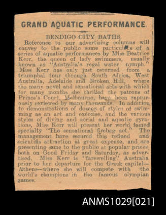 Newspaper clipping titled Grand Aquatic Performance, Bendigo City Baths
