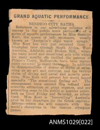 Newspaper clipping discussing upcoming performances by Beatrice Kerr