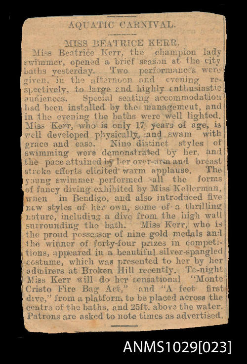 Newspaper article titled 'Aquatic Carnival, Miss Beatrice Kerr'