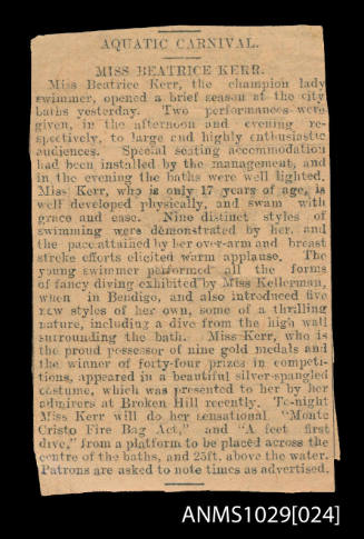 Newspaper article titled 'Aquatic Carnival, Miss Beatrice Kerr'