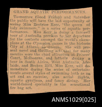 Newspaper clipping advertising Beatrice Kerr's last performance in Australia