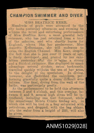 Newspaper clipping titled 'Champion Swimmer and Diver, Miss Beatrice Kerr'