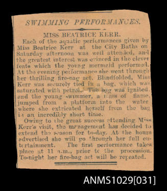 Newspaper article titled 'Swimming Performances, Miss Beatrice Kerr'