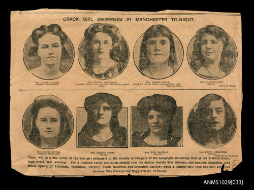 Newspaper clipping titled Crack Girl Swimmers in Manchester To-night, which shows photographs of eight female swimmers, with a caption underneath discussing their appearance in the Longsight Swimming Club at Victoria Baths