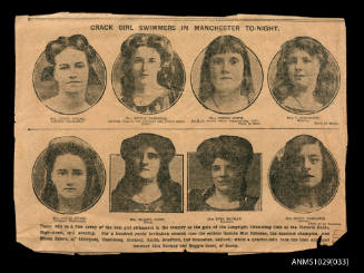Newspaper clipping titled Crack Girl Swimmers in Manchester To-night, which shows photographs of eight female swimmers, with a caption underneath discussing their appearance in the Longsight Swimming Club at Victoria Baths