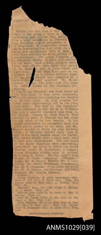 Newspaper clipping which discusses the performance by Miss Beatrice Kerr at the City Baths