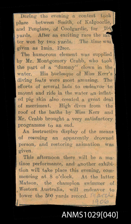 Newspaper clipping which discusses a contest between Smith of Kalgoorlie and Penglase of Coolgardie, an impression of Beatrice Kerr by Mr Montgomery Crabb, and a high diving display by Miss Beatrice Kerr