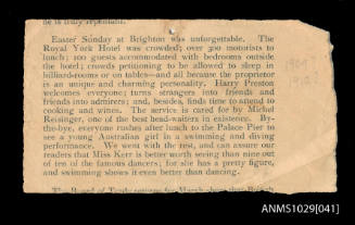 Newspaper clipping which discusses Easter Sunday at Brighton, including a demonstration by Miss Beatrice Kerr