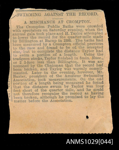 Newspaper clipping titled Swimming against the record, A mischance at Crompton, which discusses the Crompton Public Baths annual gala, and the attempt by H Taylor to beat a record by Billington