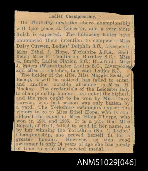 Newspaper clipping with the heading Ladies' Championship, which refers to the Ladies' championship at Leicester