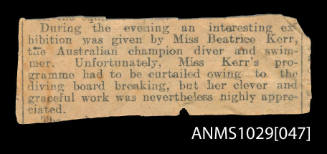 Newspaper clipping discussing an exhibition by Beatrice Kerr