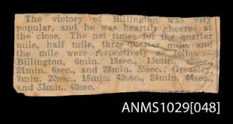 Newspaper clipping which tells of a victory of Billington, and gives the times following his