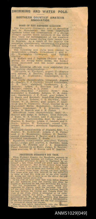 Newspaper clipping titled 'Swimming and water polo' featuring Beatrice Kerr