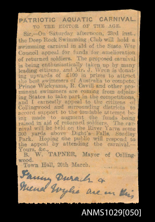 Newspaper clipping with letter to the editor about the Deep Rock Swimming Club swimming carnival