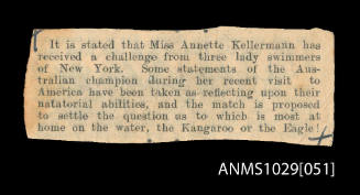 Newspaper clipping relating to Miss Annette Kellermann being challenged by three lady swimmers of New York