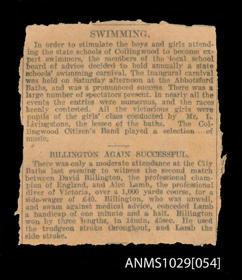 Newspaper article which discusses the Collingwood state schools swimming carnival, and the race between Billington and Lamb, in which Billington won