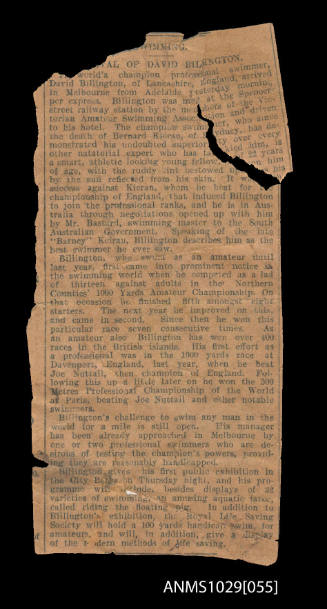 Newspaper clipping about the arrival of David Billington in Melbourne from Adelaide, and his professional career