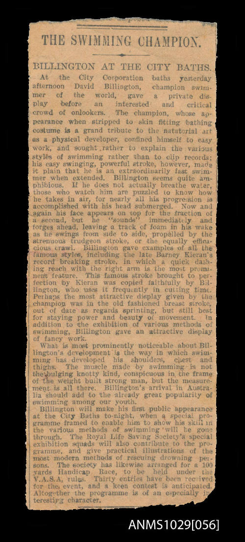 Newspaper clipping title The Swimming Champion, Billington at the City Baths, which discusses a private display by David Billington at the City Corporation baths