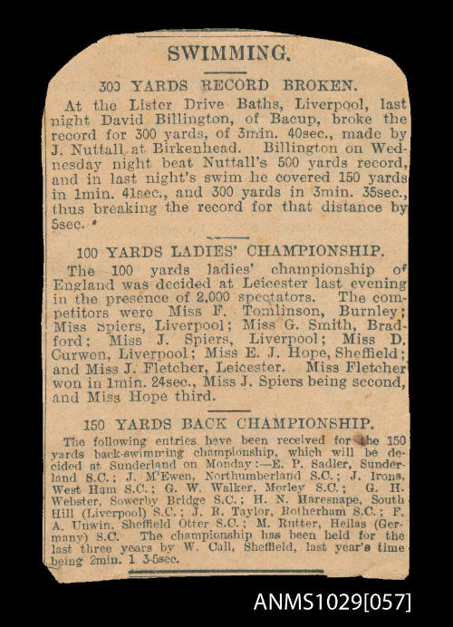 Newspaper clipping titled which lists the winners of the 300 yards record, broken by David Billington, the 100 yards ladies championship, and the 150 yards back championship