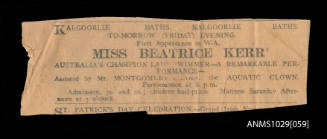 Newspaper advertisement promoting an appearance by Beatrice Kerr