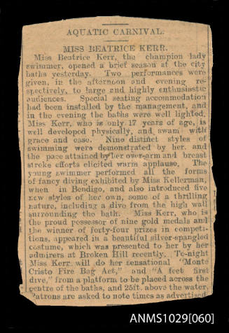 Newspaper clipping titled Aquatic Carnival, Miss Beatrice Kerr, which discusses Kerr's appearances at the city baths, and gives an insight into her performances