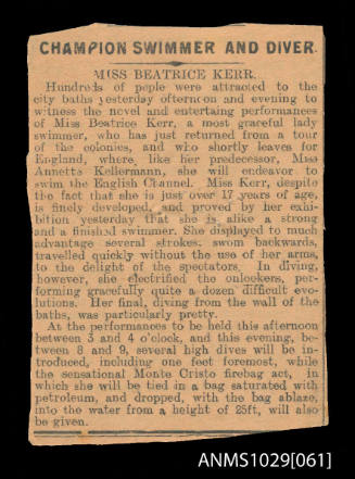 Newspaper clipping with the heading Champion Swimmer and Diver, Miss Beatrice Kerr, which discusses her entertaining performances at the City Baths, and her upcoming attempt to swim the English Channel