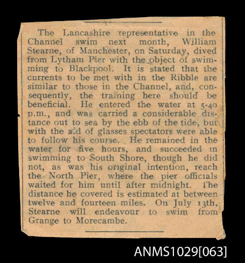 Newspaper clipping that discusses the Lancashire representative in the Channel swim, William Stearne, who swam from Lytham Pier to Blackpool