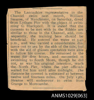 Newspaper clipping that discusses the Lancashire representative in the Channel swim, William Stearne, who swam from Lytham Pier to Blackpool