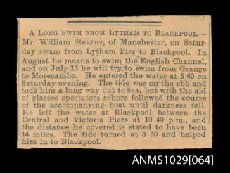 Newspaper clipping titled A Long Swim from Lytham to Blackpool, which tells of Mr William Stearne of Manchester, who swam from Lytham Pier to Blackpool, and means to swim the English Channel