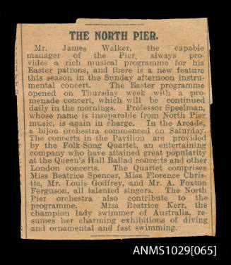 Newspaper clipping discussing Beatrice Kerr's upcoming display at the North Pier