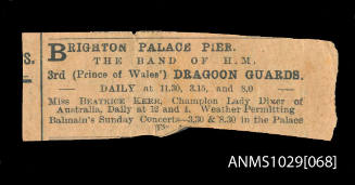 Newspaper clipping discussing a performance by Beatrice Kerr at Brighton Palace Pier