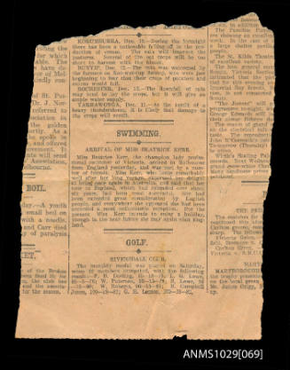 Newspaper clipping titled 'Swimming, Arrival of Miss Beatrice Kerr'