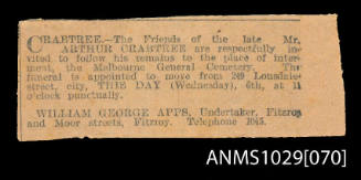 Newspaper clipping concerning the funeral of Mr Arthur Crabtree