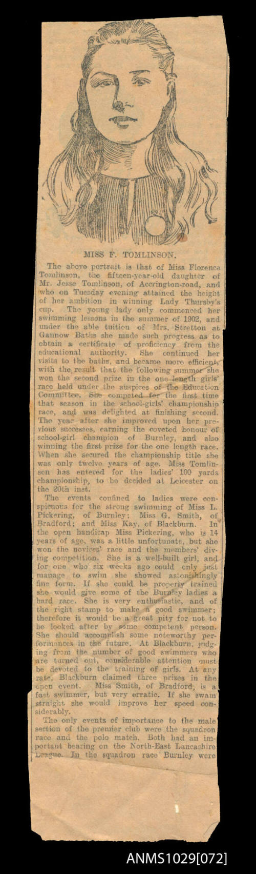 Newspaper clipping which contains an article on Miss F Tomlinson, winner of the Lady Thursby's cup, and features an illustration of her