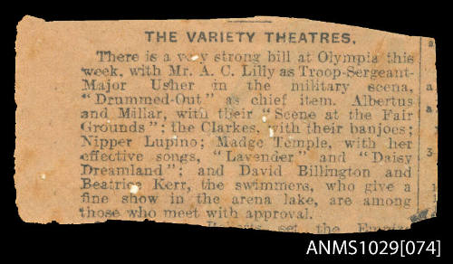 Newspaper clipping discussing a performance in the arena lake by Beatrice Kerr