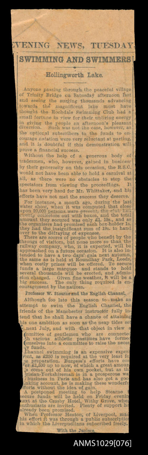 Newspaper article discussing Hollingworth Lake and Professor W Stearne's attempt to swim the English Channel