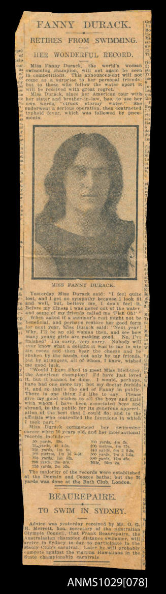 Newspaper clipping titled Fanny Durack Retires From Swimming, Her Wonderful Record, which tells of the world's woman swimming champion, and gives an outline of her career