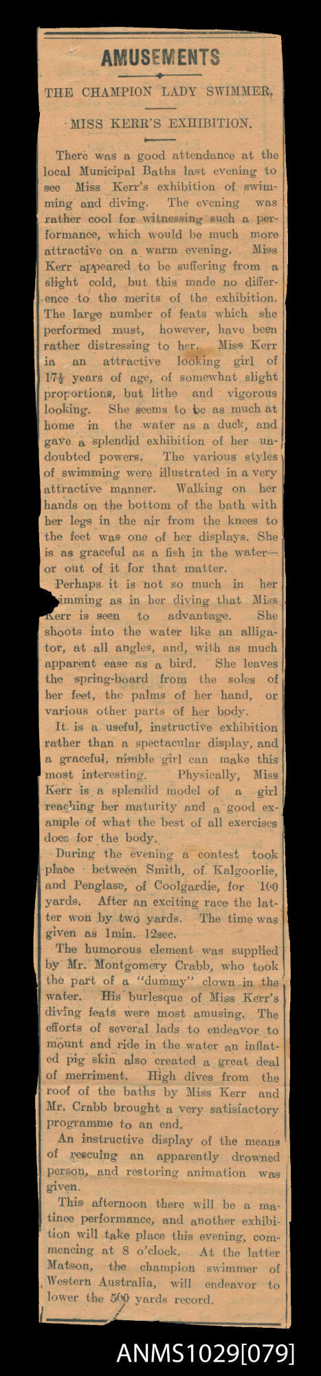 Newspaper clipping regarding Beatrice Kerr's performance at the Municipal Baths