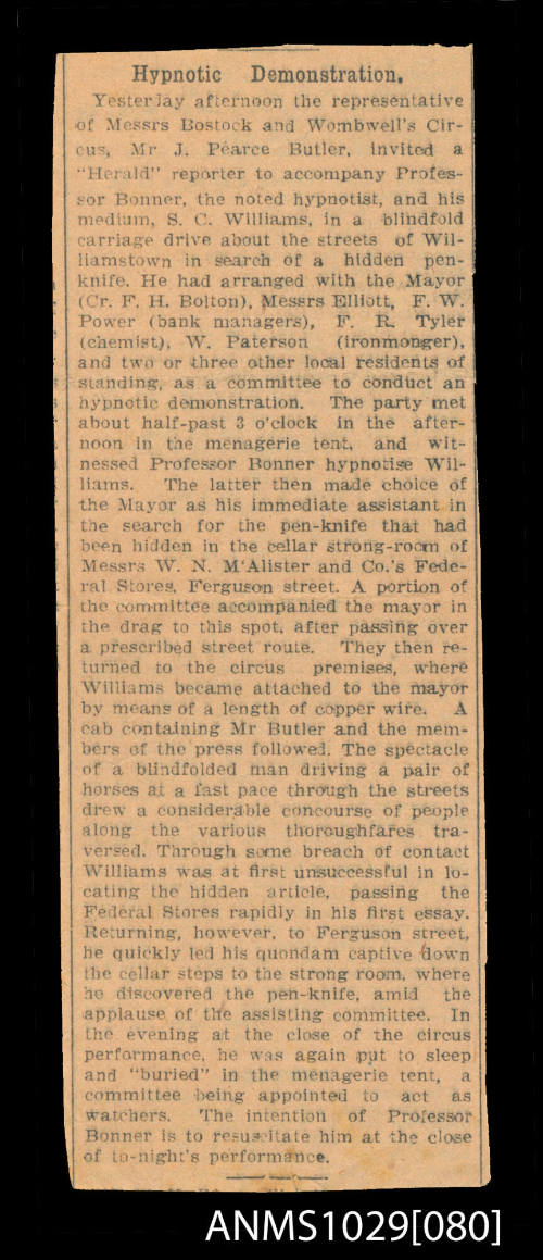 Newspaper clipping titled Hypnotic Demonstration, which discusses the noted hypnotist, Professor Bonner