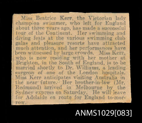 Newspaper clipping discussing the career of Beatrice Kerr