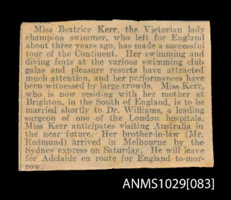 Newspaper clipping discussing the career of Beatrice Kerr