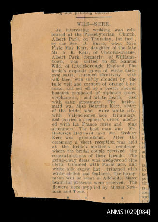 Newspaper clipping featuring a wedding in which Beatrice Kerr was a bridesmaid