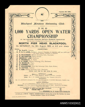 Program for Blackpool Amateur Swimming Club, The 1,000 Yards Open Water Championship, of the Northern Counties Amateur Swimming Association